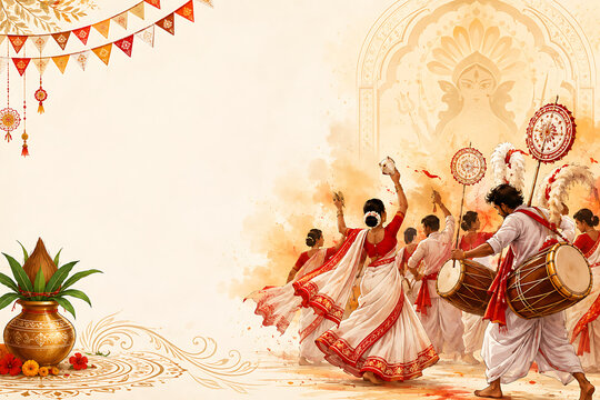 Durga Puja celebration with traditional Bengali dancers, dhak drummer, festive kalash, bunting, ceremonial decorations, and spacious copy area in vibrant watercolor illustration festival poster