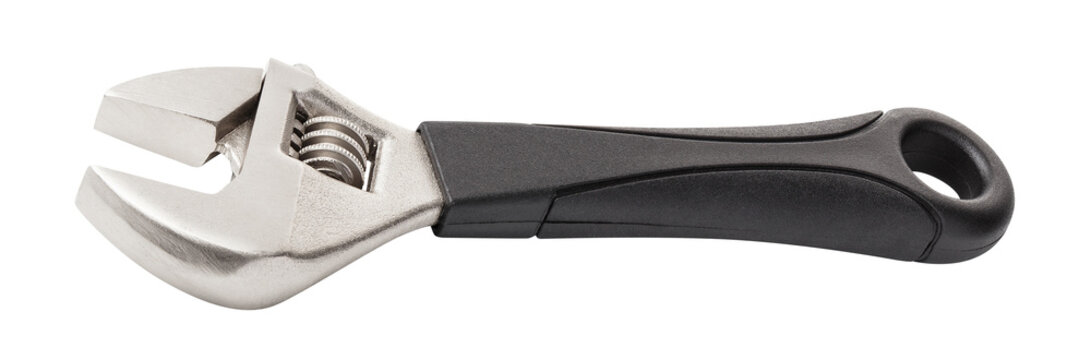 Adjustable wrench with black handle, isolated on transparent cutout background