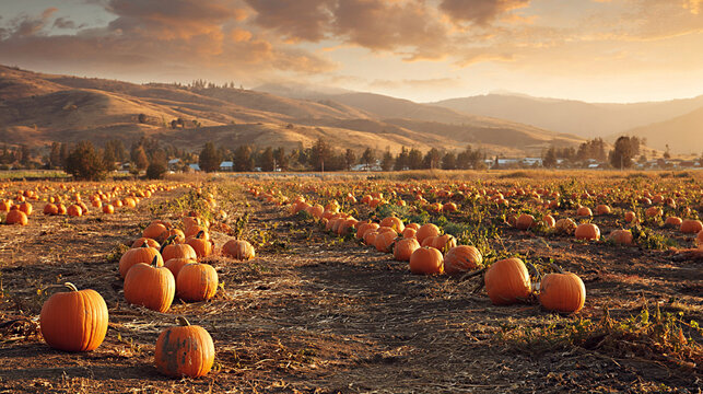 Pumpkin field during sunset with scattered orange pumpkins and distant hills under a cloudy sky, showcasing autumn harvest in a rural landscape