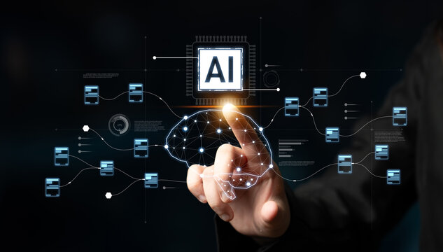 AI neural network and data processing system visualizing artificial intelligence with brain structure, chip, and connected data blocks for computation and learning Latch