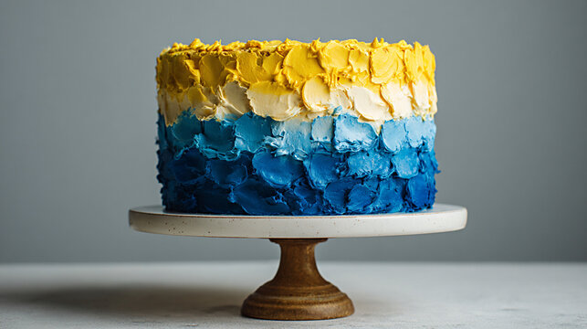Three-layer cake with blue and yellow frosting displayed on a wooden cake stand against a neutral gray background, showcasing a smooth, textured finish