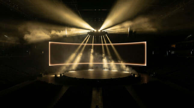 Empty circular stage in large arena with bright spotlights and fog. Corporate event setup with curved display screen for presentation. Professional lighting design for production