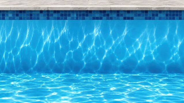 Clear blue swimming pool water with sunlight reflections on tiles and floor