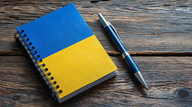 Blue and yellow spiral notebook with a pen placed on a rustic wooden surface, representing Ukrainian colors and culture in a creative workspace setting