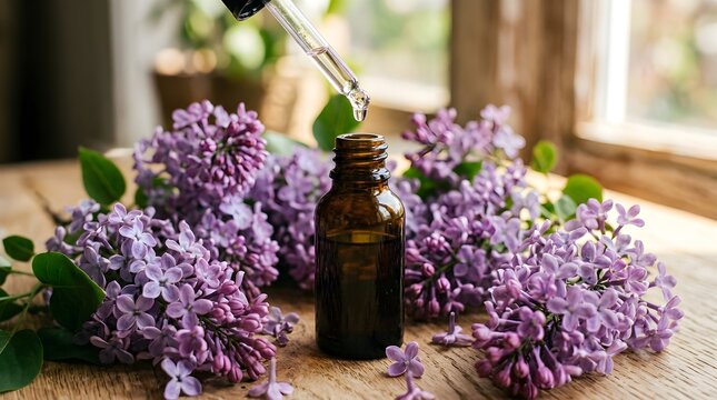 Beautiful lilac flowers in full bloom gently surround a dark amber glass bottle with a dropper for essential oils and natural aromatherapy
