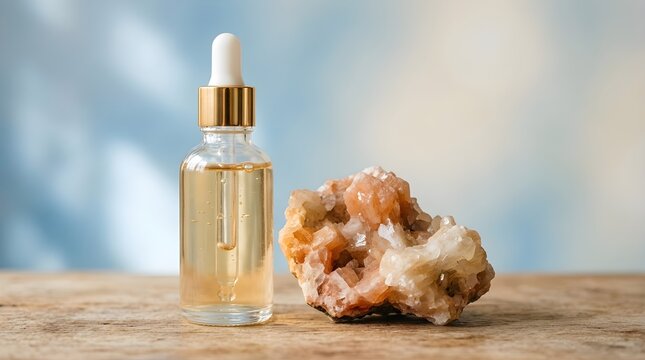 A close up view of chaga mushroom with golden oil in a clear glass bottle resting on a natural wooden surface with