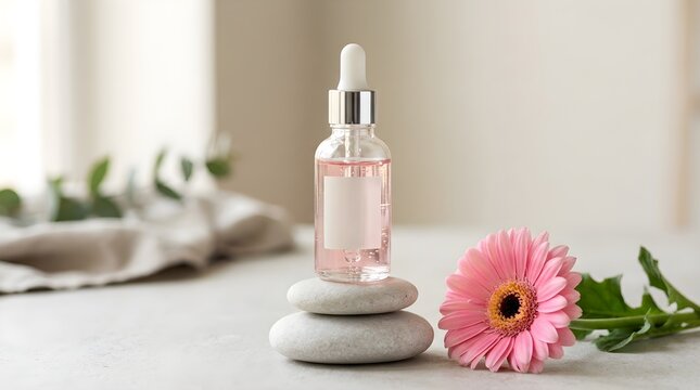An elegant glass dropper bottle filled with clear liquid sits beside a vibrant pink gerbera flower on a light gray surface for