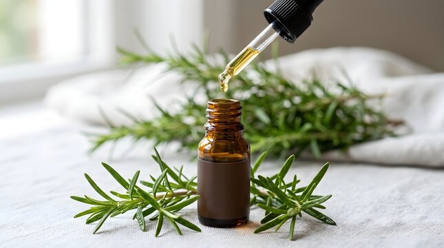 Close up of amber glass bottle dispensing rosemary essential oil onto fresh sprigs of rosemary plant on a white surface