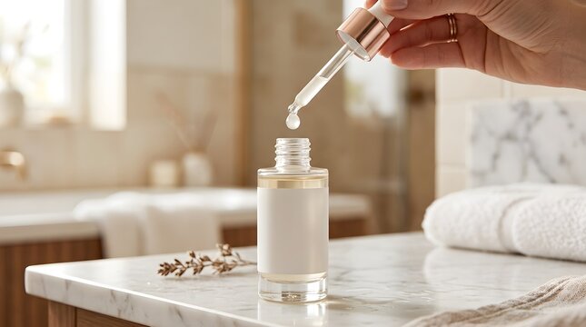 A detailed close up view of hands carefully dispensing rejuvenating skincare serum into a bottle within a bright and peaceful spa setting