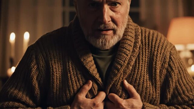 Elderly man experiencing heart pain or discomfort at home