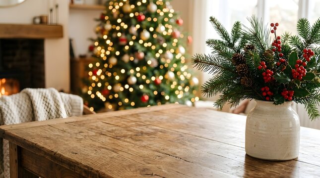 A cozy and heartwarming christmas atmosphere with a fully decorated tree and a lovely dining table prepared for a festive celebration