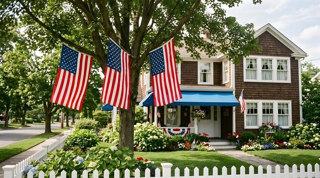 Beautiful american house adorned with many united states flags displaying patriotic pride for a festive holiday in a peaceful residential neighborhood