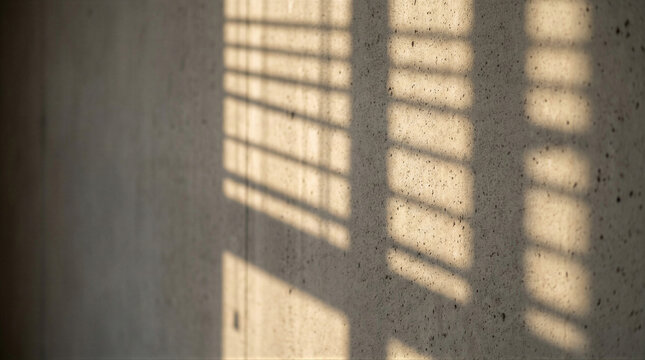 Natural sunlight casting window blind shadow on textured concrete wall. Minimalist architectural background for interior design presentation or corporate office branding environment