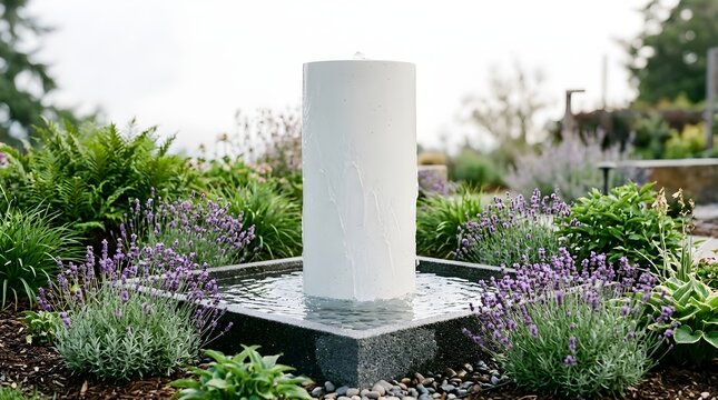 A contemporary cylindrical water fountain stands prominently within a flourishing garden abundant with vivid green plants and a softly focused backdrop