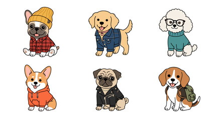 Fototapeta premium Cute Puppies Wearing Human Fashion Clothes with Stylish Outfits and Trendy Accessories for Funny Pet Clothing Graphic Designs