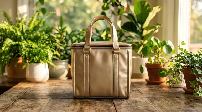 A fashionable canvas tote bag featuring elegant leather handles is positioned among vibrant green houseplants inside a bright and welcoming home interior