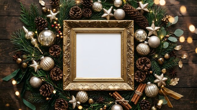 An elegant ornate gold frame is displayed against a softly blurred festive christmas tree adorned with sparkling ornaments and gentle warm lighting