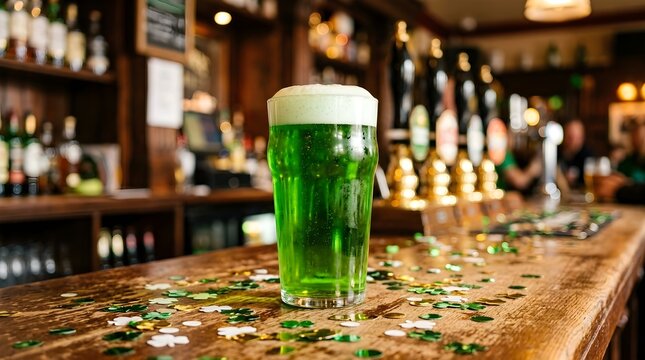 A refreshing glass of bright green beer rests upon a rustic wooden bar generously sprinkled with loose coins in a softly illuminated