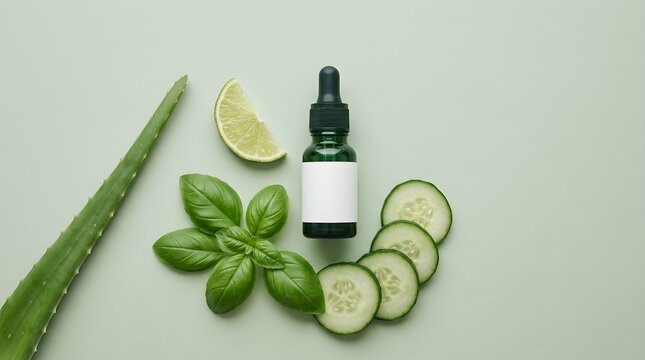 Fresh natural skincare ingredients like vibrant green cucumber slices fragrant basil and tender asparagus alongside a glass dropper bottle on a light