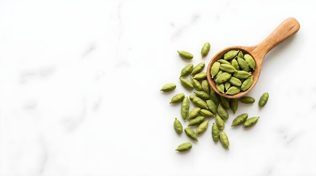 A vibrant overhead view of freshly shelled green pistachios spilling from a small wooden scoop resting on a clean white marble countertop