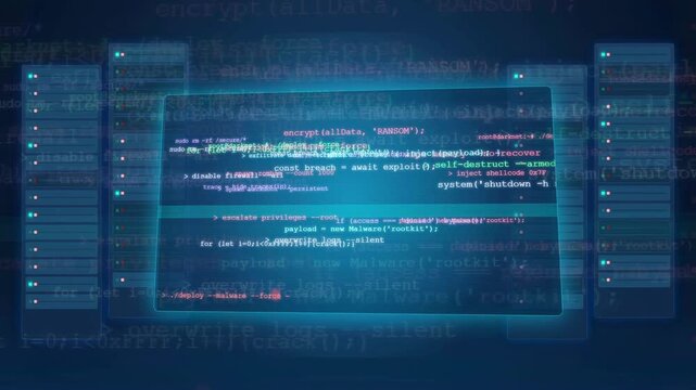 Digital Cyber Attack Animation with Glitch Effects and Warning Alerts in a Server Room