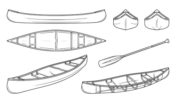 Set of hand drawn canoe illustrations showing different angles and a single wooden paddle for outdoor recreation