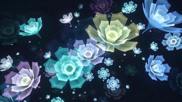 Colorful flowers bloom and change in an art display at a night festival in the garden