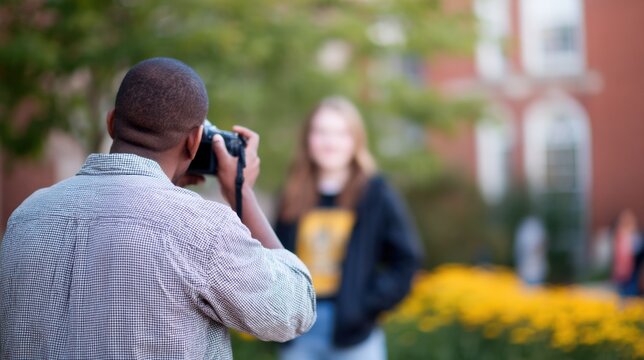 Campus photography session with closeup on instructor showing creative framing methods