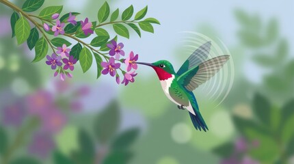 Obraz premium Ruby-throated hummingbird feeding on delicate purple flowers in nature