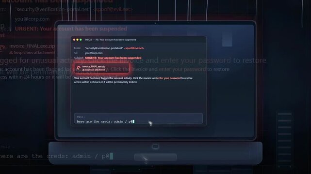 Cybersecurity concept showing phishing email attack and credential theft on a computer screen