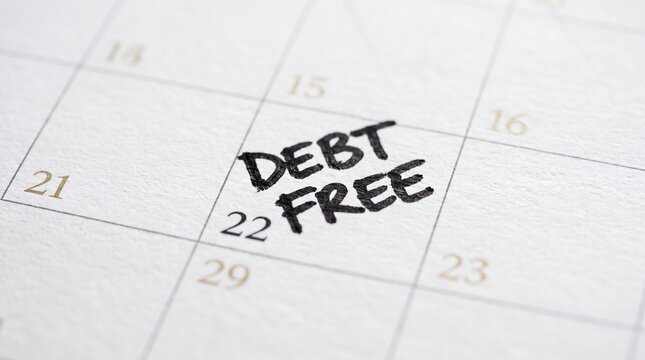 A close-up shot of a calendar page with DEBT FREE written in bold black marker on the 22nd. The surrounding days are visible, creating a sense of time and planning