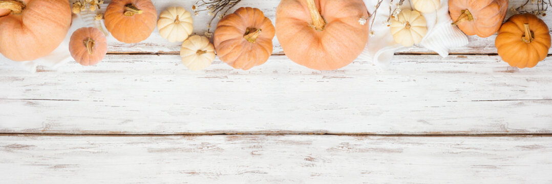 Fall top border with pumpkins, sweater and dried flowers over a white wood banner background. Above view with copy space.
