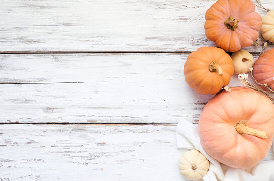 Fall side border with pumpkins, sweater and dried flowers over a white wood background. Top down view with copy space.