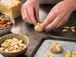Obraz premium Bethmännchen werden traditionell von Hand geformt: Hände drücken blanchierte Mandeln in kleine Marzipankugeln – klassisches Frankfurter Weihnachtsgebäck und beliebte hessische Spezialität.