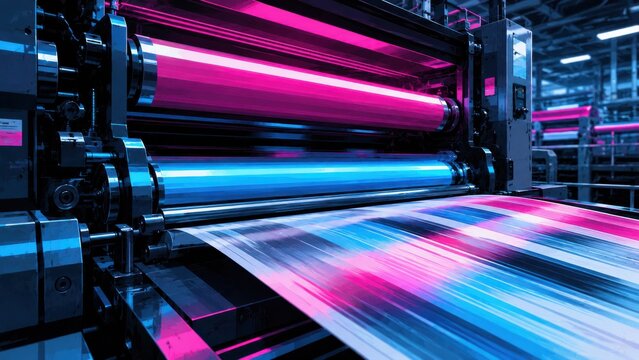 High-speed industrial printing machine with vibrant neon rollers and paper feed