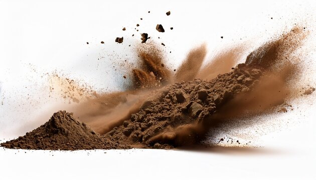 soil dirt earth dust mud ground clay splashing soil burst above dirt pile gritty texture isolated on white background