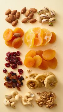 Assortment of dried fruits nuts and seeds in bowls.