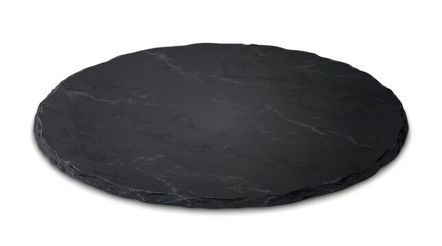 Round black slate serving plate with natural textured surface and irregular edges