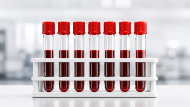 Multiple laboratory blood sample tubes with red caps in a rack