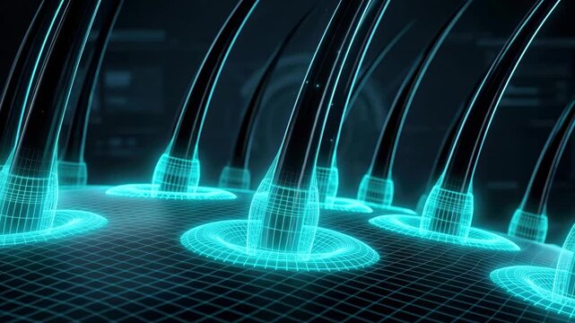 3D animation video of futuristic wireframe hair follicles glowing with cyan light, illustrating hair growth treatment, scalp therapy, and follicle laser renewal.