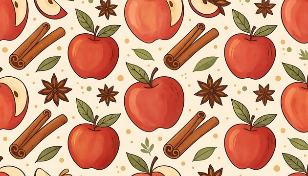 Autumn themed seamless pattern with red apples and cinnamon sticks.