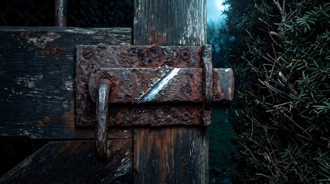 A fresh scratch on a rusty iron latch symbolizes a breach of security and revealing vulnerability beneath weathered defenses.