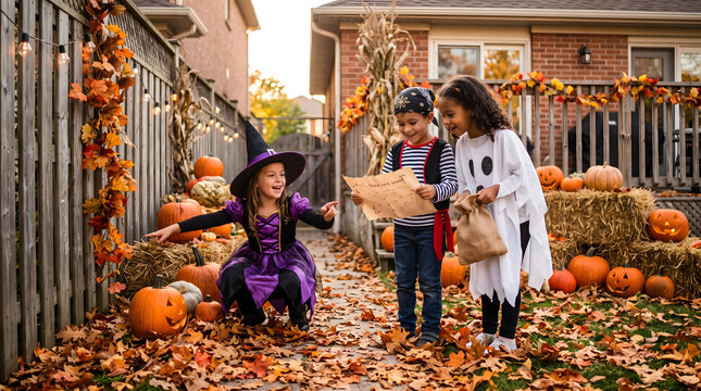 Happy diverse children in vibrant Halloween costumes a smiling witch a playful ghost and a curious boy on a treasure hunt exploring an autumn decorated backyard filled with glowing pumpkins