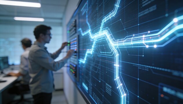 Medium shot of a telecom network digital twin wall in a planning room focusing on virtual wired path models with blurred operators adjusting system parameters
