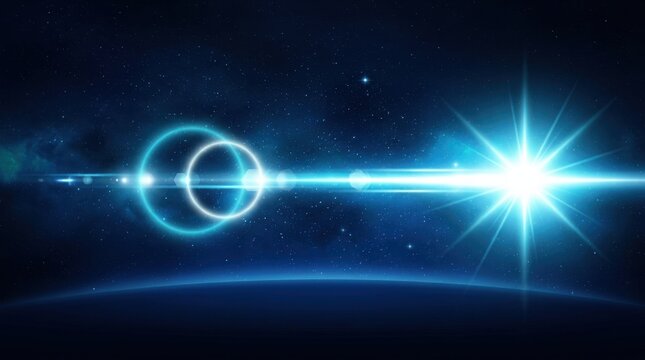 Bright starburst and glowing rings in deep space with distant planet