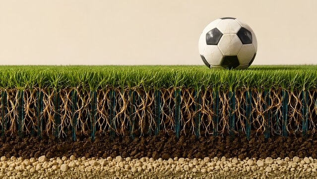 sports football turf cross section showing grass roots soil drainage and ball

