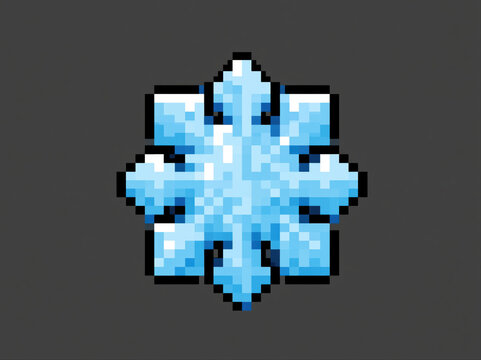 Pixel art snowflake icon. A blue, icy six-pointed star with a sparkly texture and a hexagonal symmetry, set against a plain background AI generative