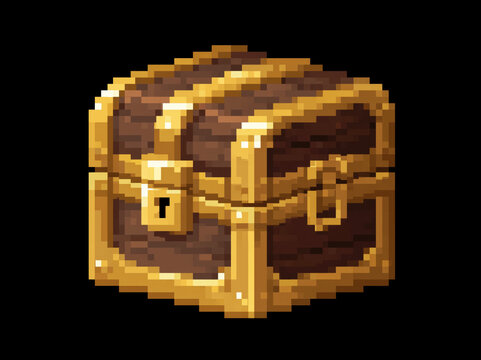 A pixel art illustration of an ancient wooden treasure chest with golden trim and a keyhole. The chest is closed, hinting at the mysteries within AI generative