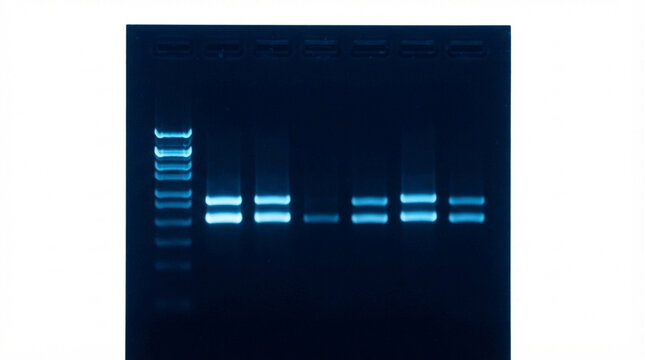 Fluorescent DNA Bands Visualized On Dark Blue Stained Gel
