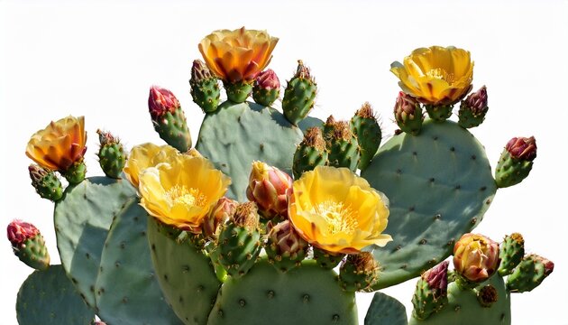 prickly pear blooming cactus bush backgrounfile of isolated object on white background